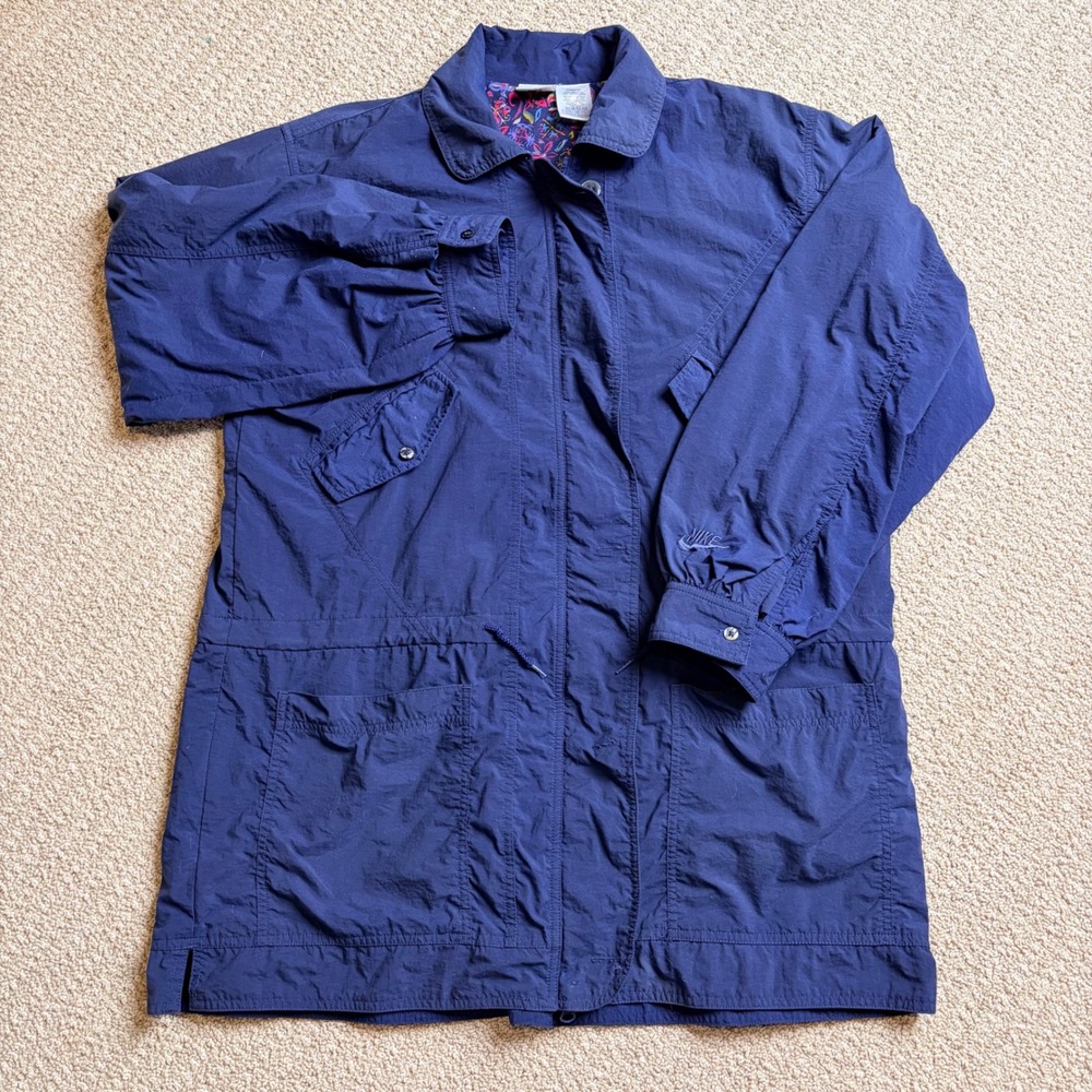Vintage Nike Womens Navy Blue Nylon Windbreaker Jacket Floral Collar Size M